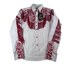 American West Womens XS/Sm Long Sleeve Button Fringe Embroidered Western Shirt